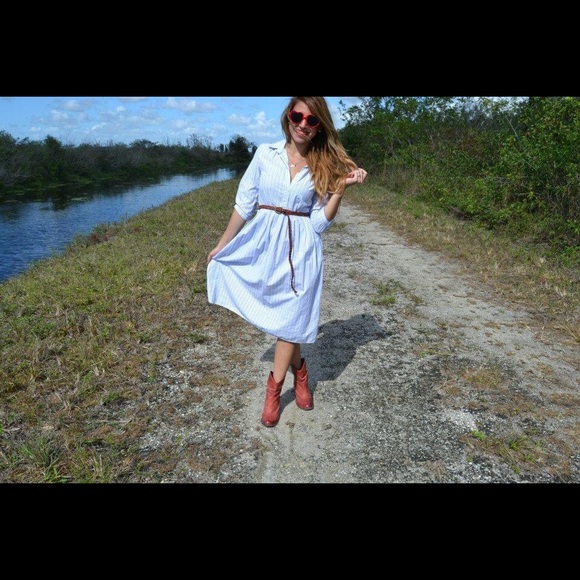 J. Crew White Blue Pinstripe Button Down 3/4 sleeve Shirt Dress size 0 - Picture 3 of 13